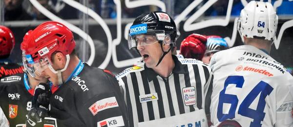 Hokej, extraliga, rozhodčí uklidňuje emoce v zápase HC Škoda Plzeň a Mountfield HK ve 12. kole Tipsport extraligy 2023-24