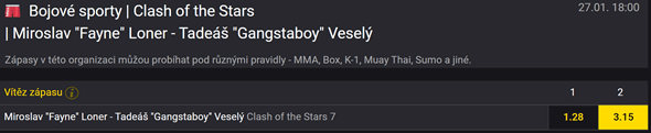 Tip na MMA turnaj Clash of the Stars 7 (27. 1. 2024 od 18:00), vsaďte si u Fortuny.