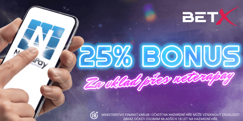 BetX bonus za vklad přes Neterapay je 25 % BetX bonus za vklad přes Neterapay je 25 %