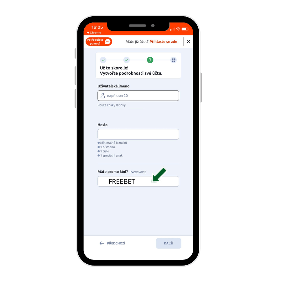 Ukázka zadávání promo kódu během registrace u&nbsp;Betana