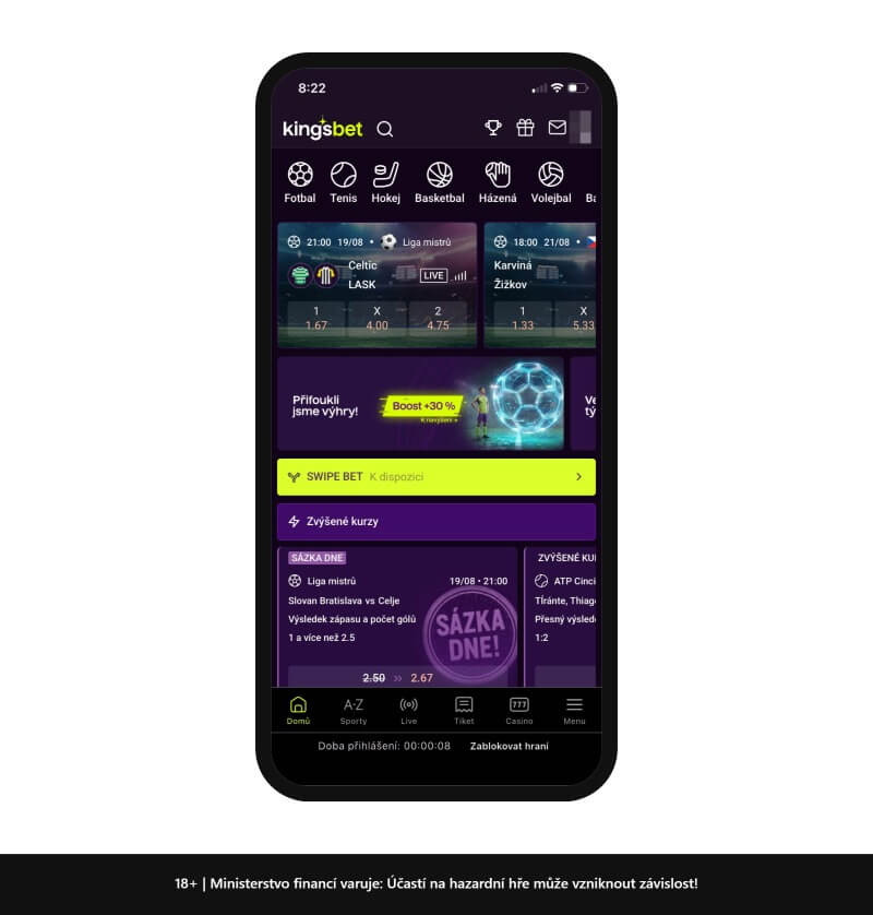 Vzhled úvodní stránky Kingsbet APP po přihlášení