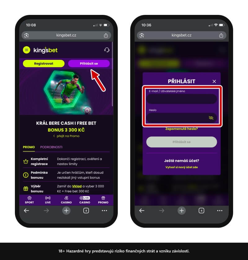 Kingsbet login uskutečníte kliknutím na tlačítko Přihlásit se
