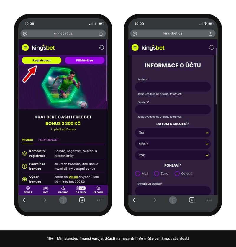 Kingsbet registrace začíná kliknutím na tlačítko Registrovat. Následně se otevře registrační formulář.