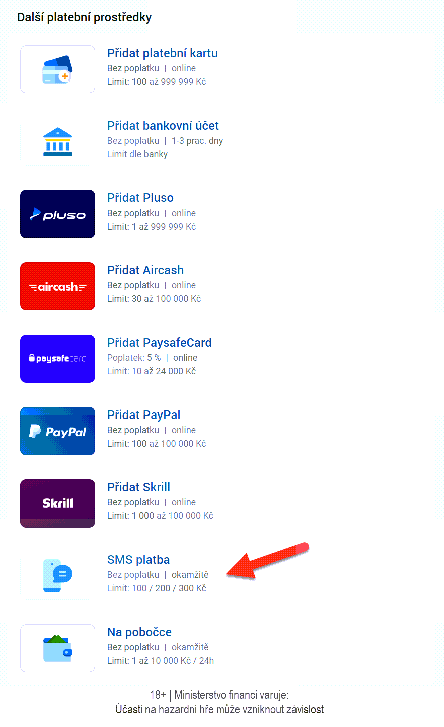 SMS platbu u&nbsp;Tipsportu najdete v&nbsp;sekci Vklady v&nbsp;podnabídce Další platební prostředky