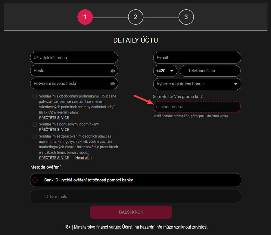 Kam zadat promo kód při registraci na BetX