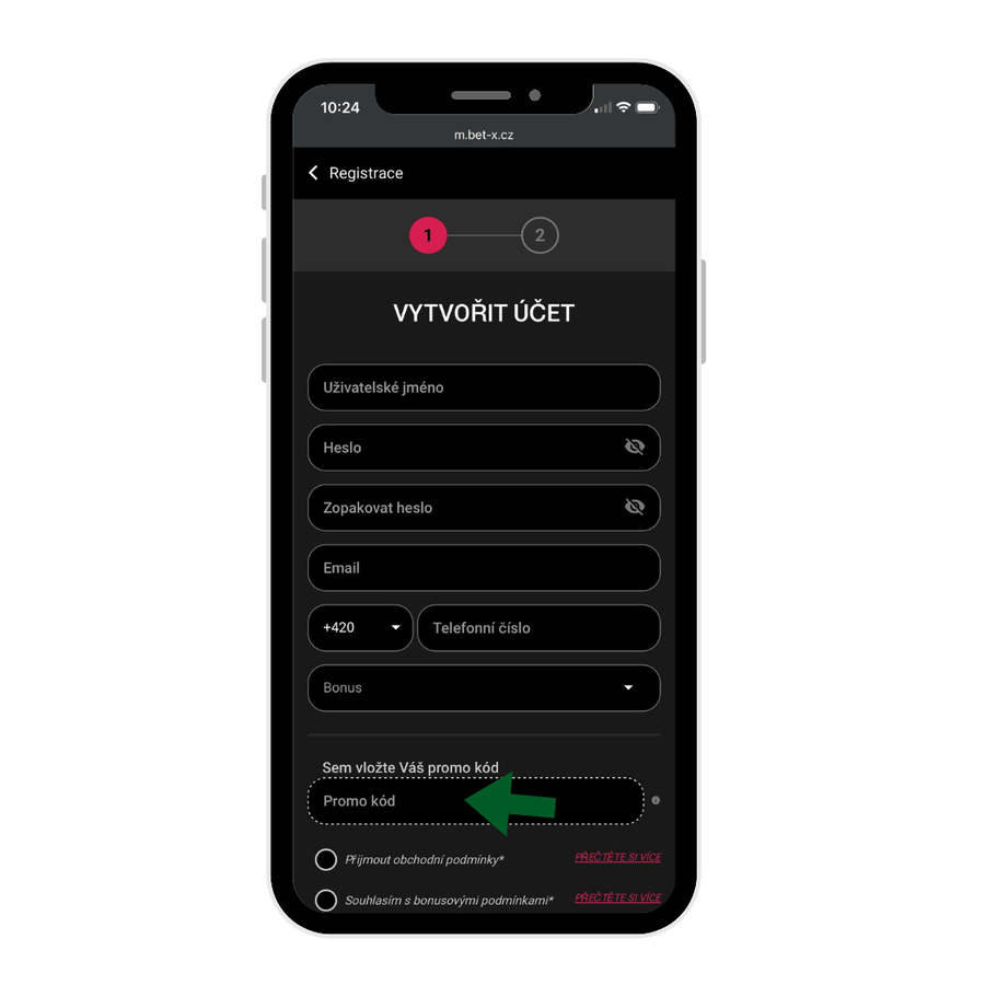 BetX promo kód se vkládá v&nbsp;prvním kroku registrace