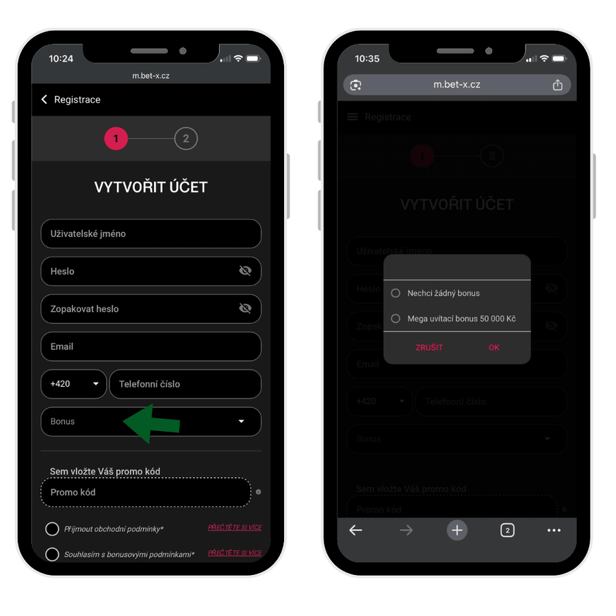 BetX vstupní bonus za registraci si zvolte v&nbsp;prvním kroku registrace