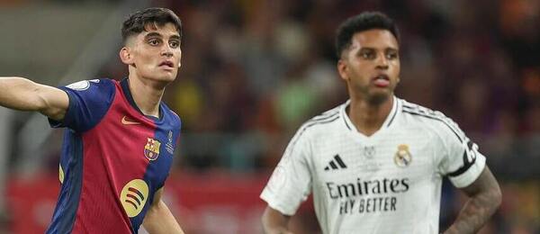 Finále Copa del Rey 2024/25: Zleva Gerard Martín z Barcelony a útočník Realu Madrid Rodrygo