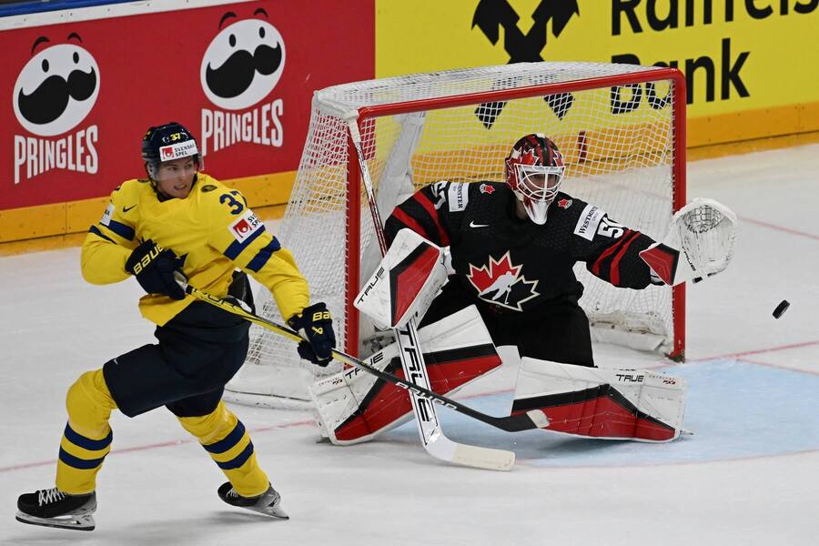 MS v hokeji 2024: Na fotce Švéd Isac Lundeström (vlevo) a gólman Jordan Binnington v dresu Kanady