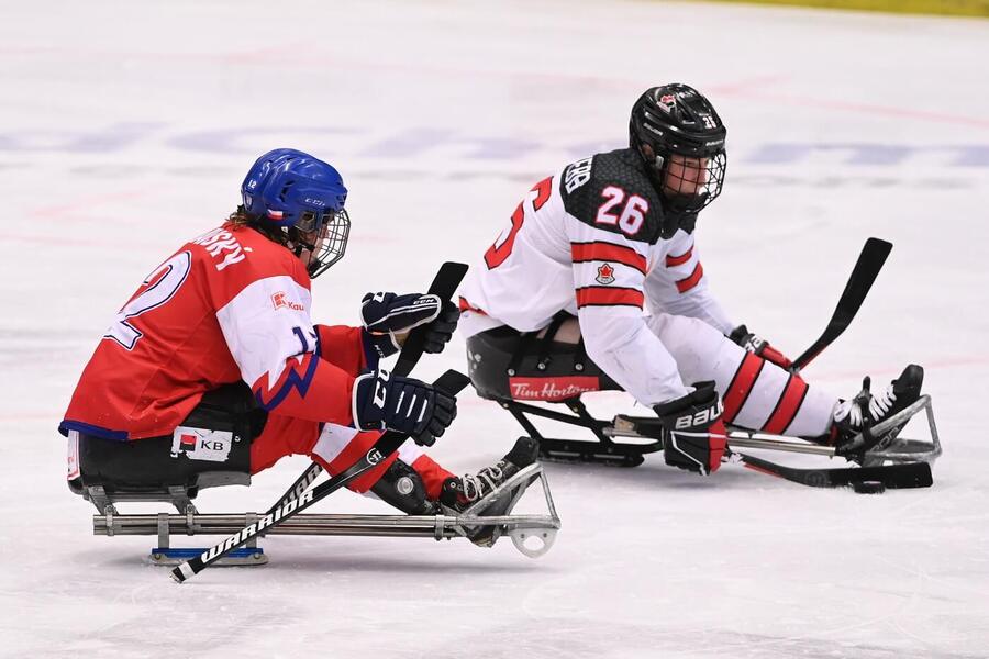 Martin Žižlavský a Anton Jacobs-Webb v zápase Česko vs. Kanada na turnaji v Ostravě, dnes oba týmy hrají v semifinále MS v para hokeji 2025