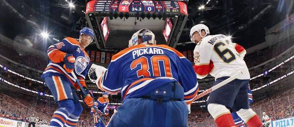 Darnell Nurse, Calvin Pickard a Brad Marchand v 5. finále play off NHL 2025. Florida a Edmonton dnes hrají 6. finále Stanley Cupu