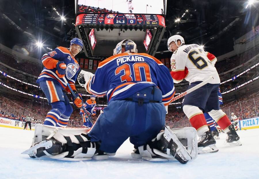Darnell Nurse, Calvin Pickard a Brad Marchand v 5. finále play off NHL 2025. Florida a Edmonton dnes hrají 6. finále Stanley Cupu