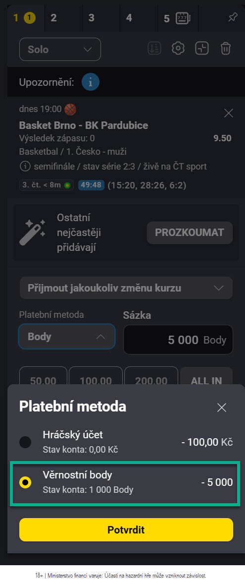 Přepnutí na věrnostní body při podání sázky u&nbsp;Fortuny