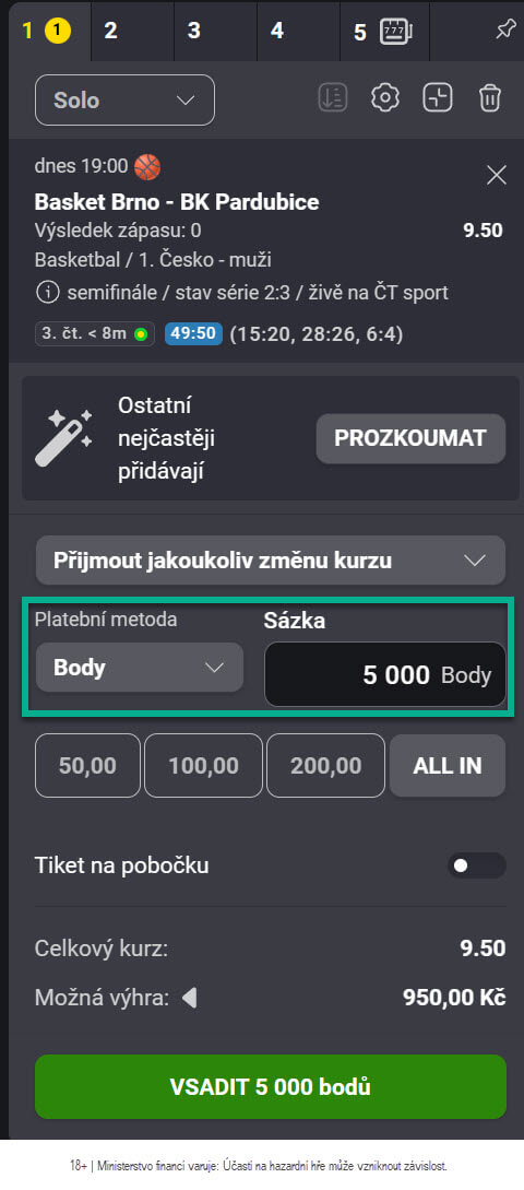 Ukázka podání sázka za Fortuna věrnostní body