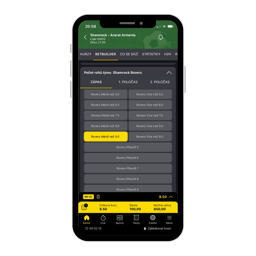 Testování funkce Fortuna Betbuilder na fotbalové zápase