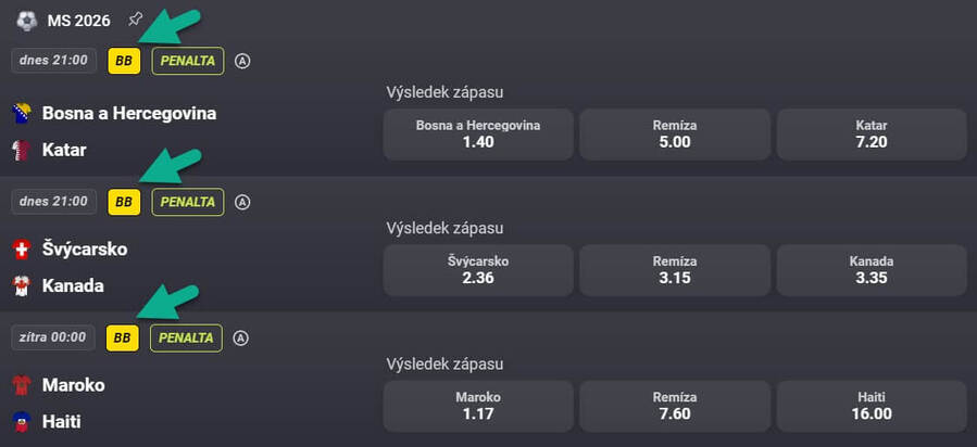 Označení zápasů, na které lze vsadit BetBuilder Fortuna