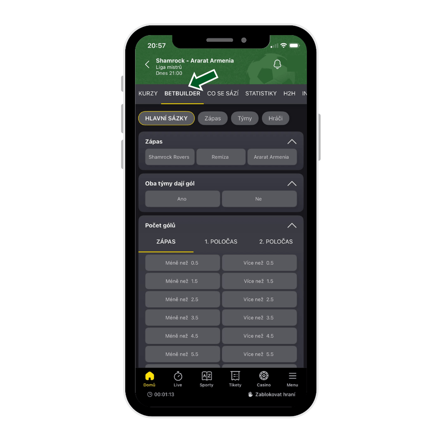 Rozhraní nabídky Fortuna Betbuilder