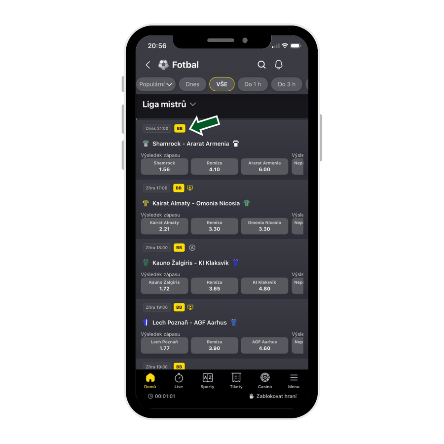 Zápasy, kde nabízí Fortuna betbuilder je žlutá ikona s&nbsp;označením "BB"