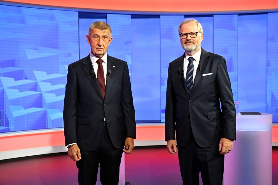 Volby, Andrej Babiš a Petr Fiala při předvolební debatě na TV Nova