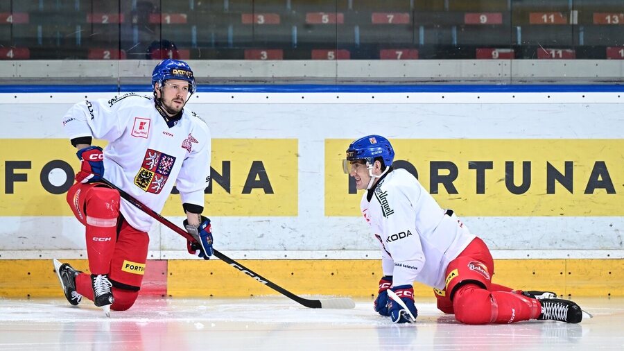 Filip Chlapík a Lukáš Sedlák při tréninku české hokejové reprezentace před odletem na EHT Karjala Cup 2025 (Finské hokejové hry 2025)