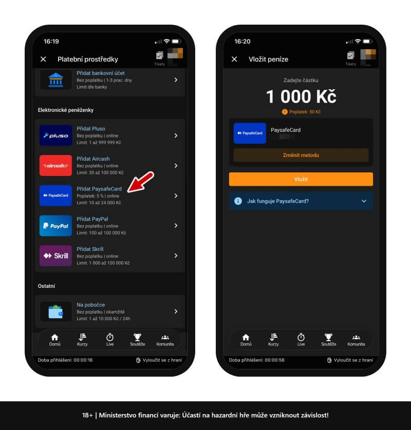 Postup vložení peněz na sázkovou kancelář přes Paysafecard
