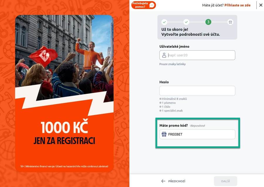Betano promo kód se vkládá ve 3.&nbsp;kroku