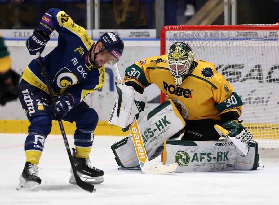 Hokejisté Petr Holík a&nbsp;David Honzík v&nbsp;zápase Maxa ligy mezi Zlínem a&nbsp;Vsetínem