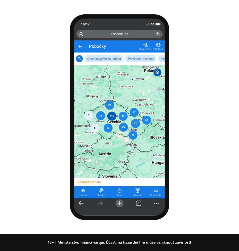 Mapa poboček sázkové kanceláře Tipsport