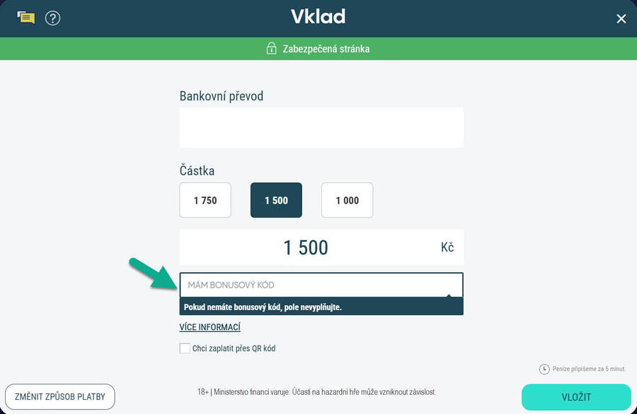 Pole, kam se vyplňuje Sazka bonusový kód pro vklad