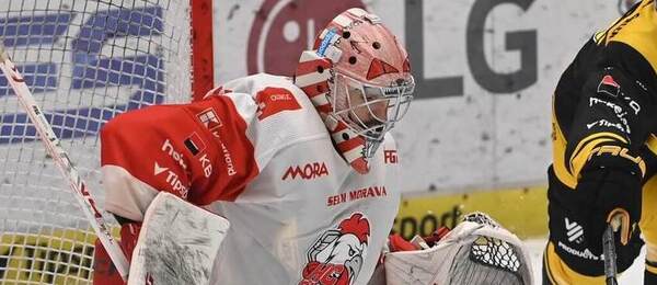 Útočník Axel Hölmström z Litvínova a brankář Olomouce Matěj Machovský během utkání TELH