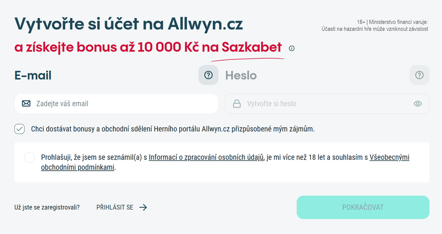 Ukázka registrace na Allwyn.cz
