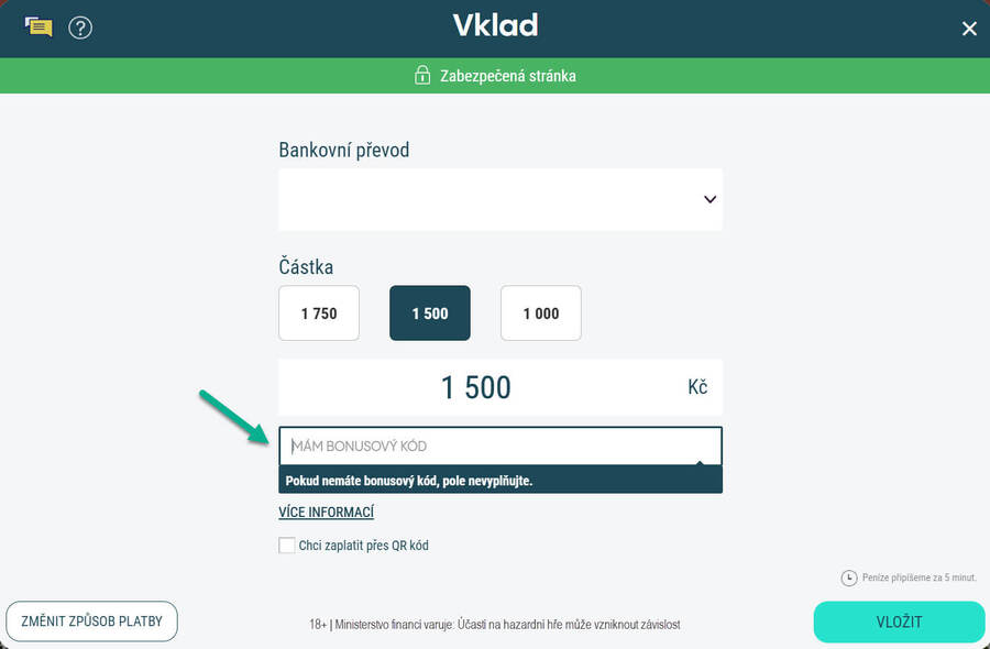 Allwyn bonusový kód se vyplňuje v&nbsp;sekci Vklad