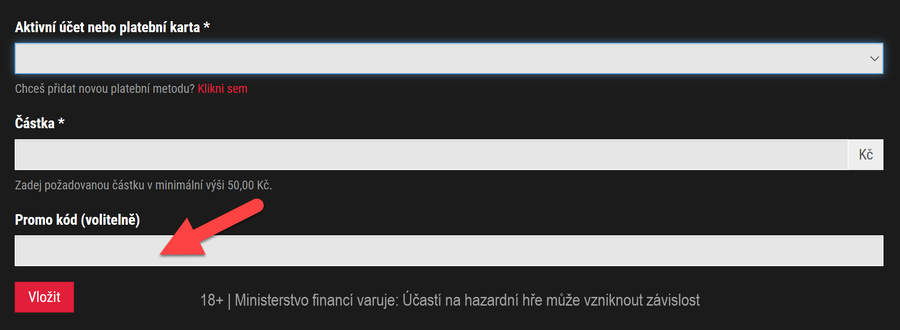 Kam vložit SYNOT TIP promo kód při vkladu