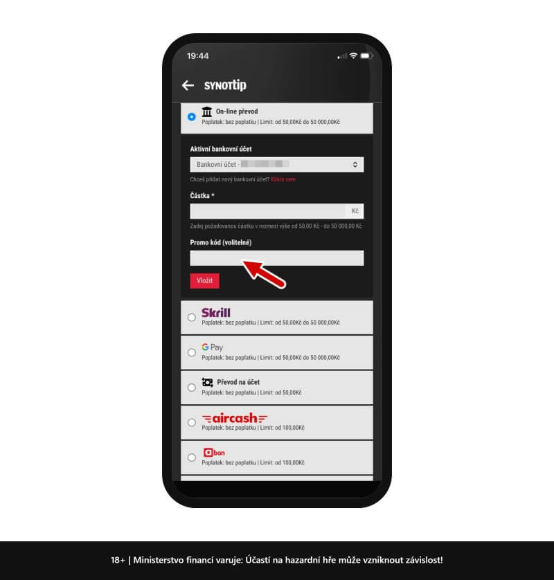 Návod, kam vložit SYNOTTIP promo kód
