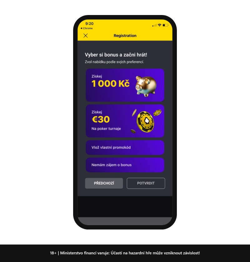 Úvodní obrazovka registrace Fortuny, kde se vybírá bonus a&nbsp;zadává promo kód