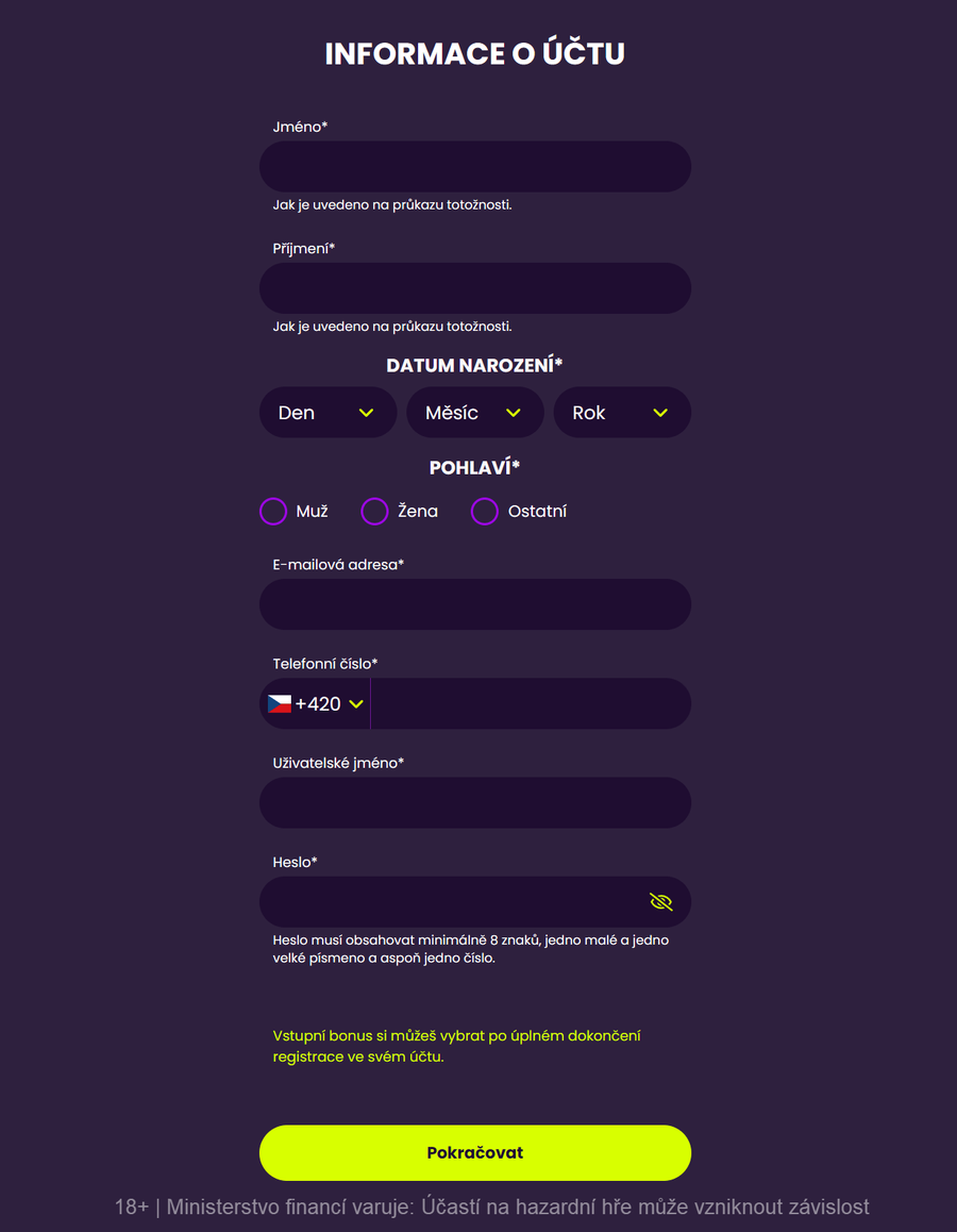 Ukázka formuláře Kingsbet při registraci
