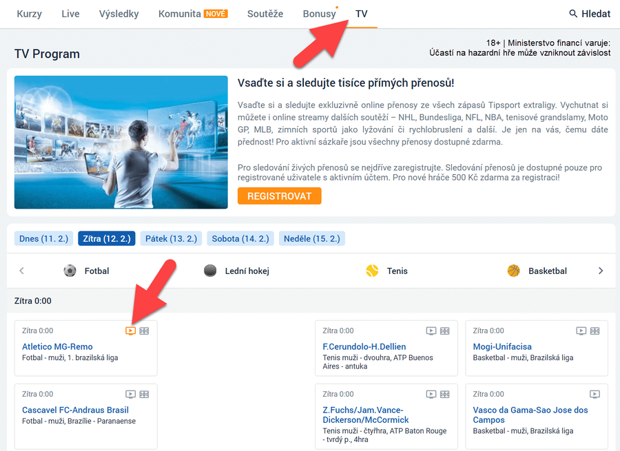 Návod na spuštění live streamů na TV Tipsport