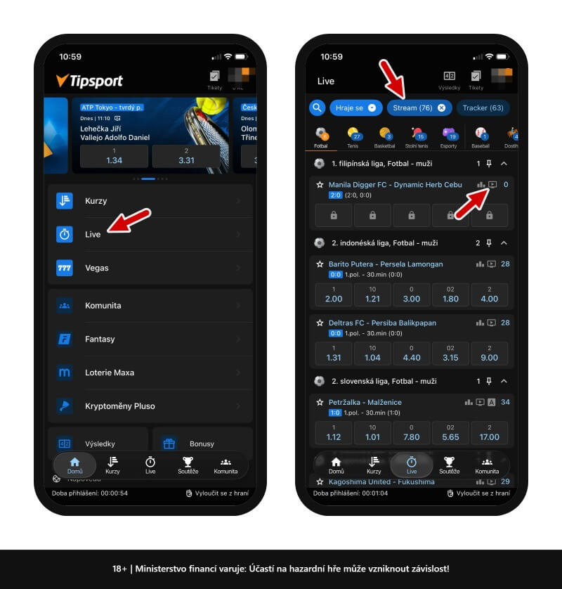 Tipsport live streamy spustíte v&nbsp;sekci Live v&nbsp;záložce Stream.