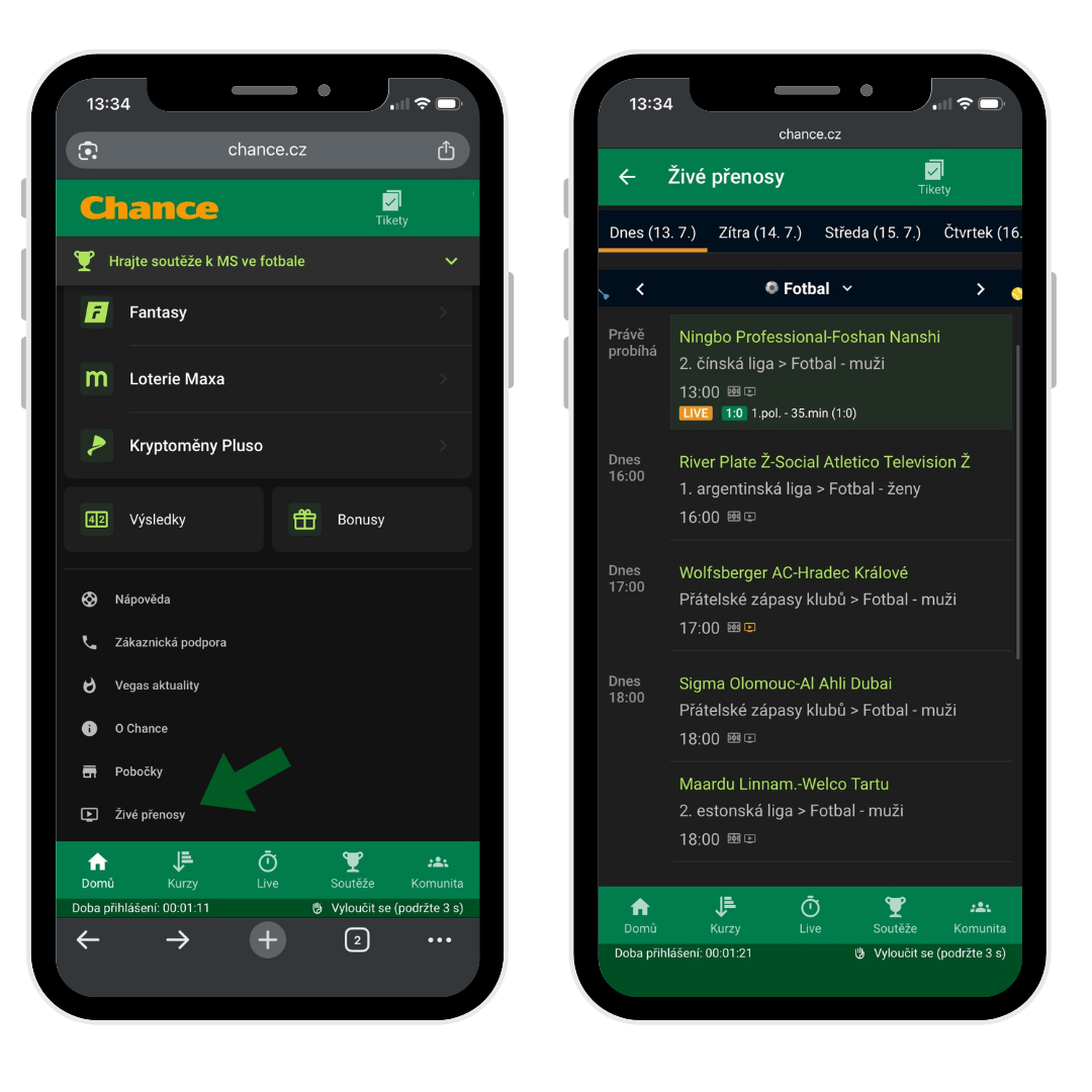 Hlavní menu webu Chance. Šipka označuje záložku Živé přenosy. V&nbsp;pravém screeju je program živých přenosů fotbalu řazených po dnech.