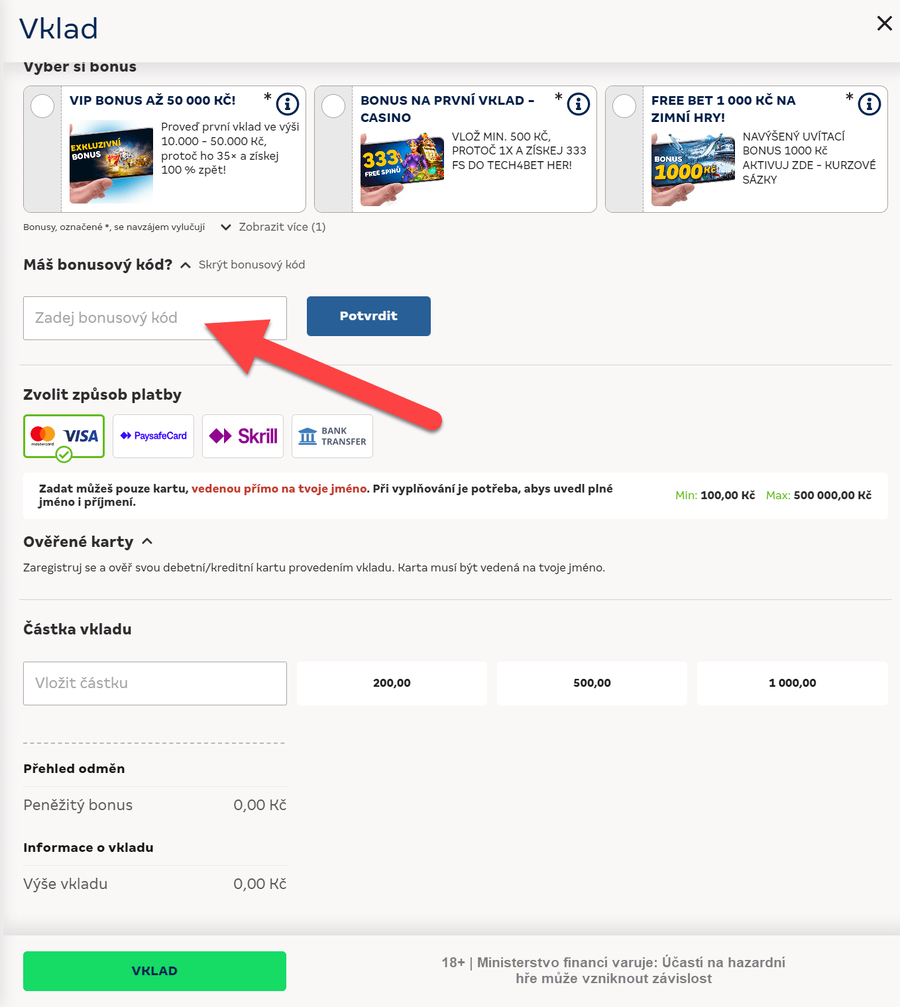 Ukázka, kam zadat MerkurXtip bonusový kód