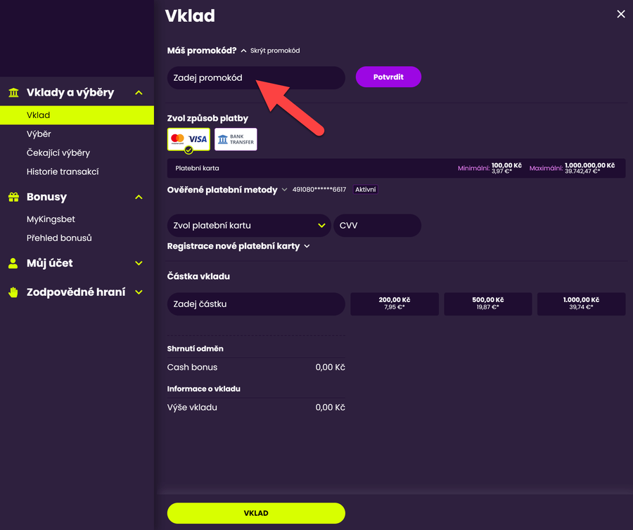Ukázka, kam zadat Kingsbet promo kód