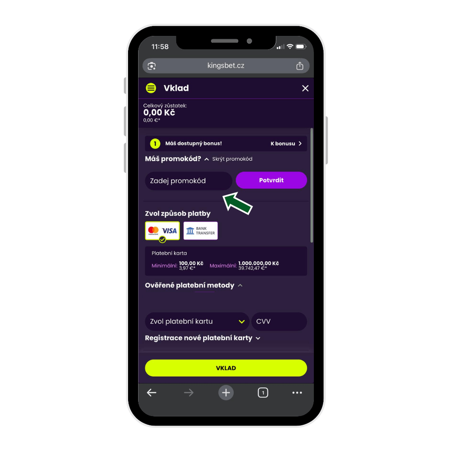 Kingsbet promo kód se vkládá do kolonky Máš promokód
