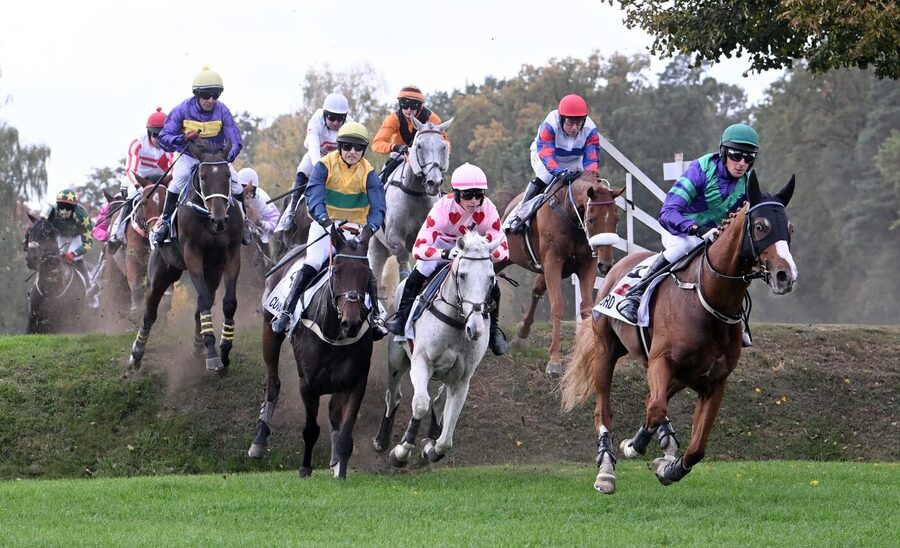 Kalendář dostihů, ilustrační obrázek, na fotce žokejové a&nbsp;koně