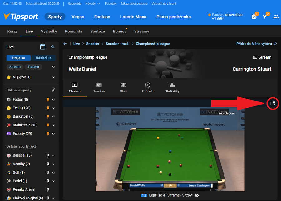 Snookerový zápas live na TV Tipsport online