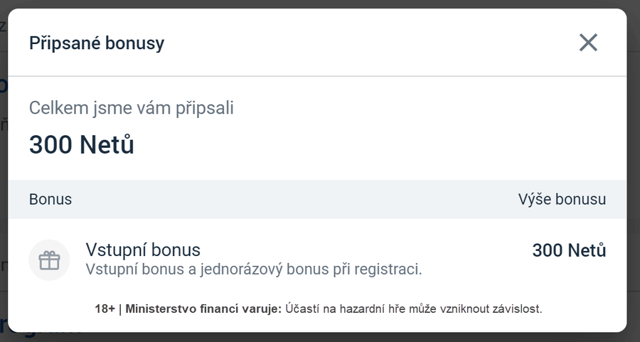 Tipsport zpráva, která potvrzuje připsání registračního bonusu 300 Netů.
