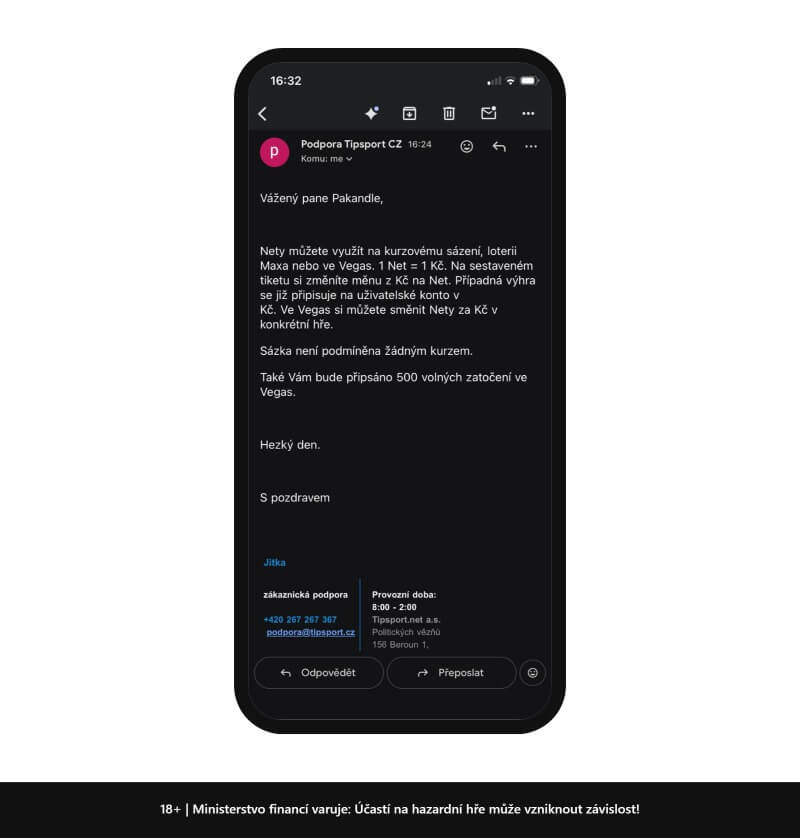 Email ze zákaznické podpory Tipsportu s&nbsp;podmínkami registračního bonusu