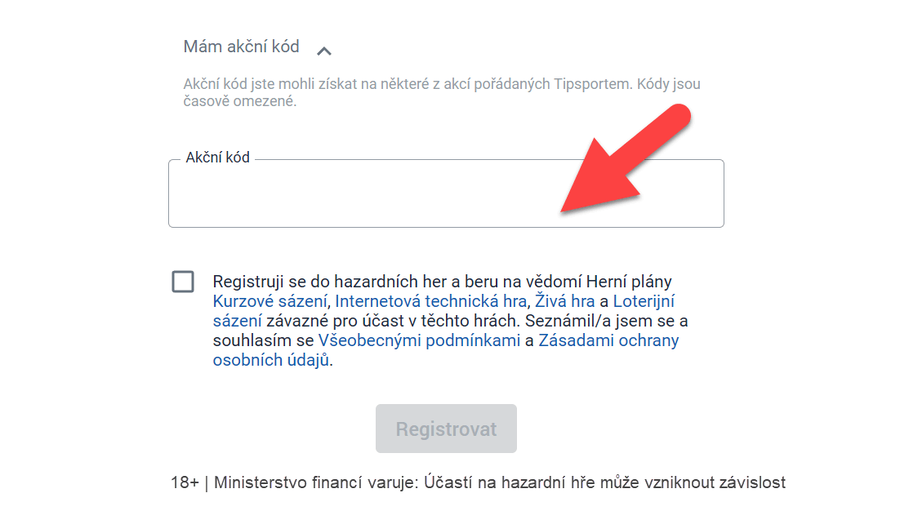 Ukázka pole Mám akční kód při registraci u&nbsp;Tipsportu