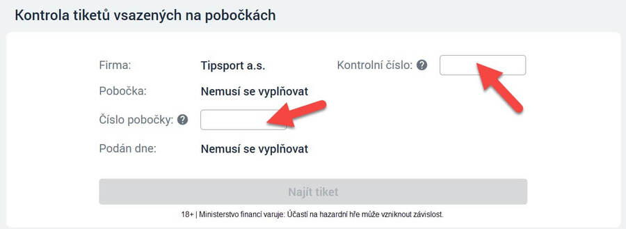 Detail formuláře pro kontrolu tiketu na webu Tipsportu s&nbsp;vyznačenými poli pro číslo pobočky a&nbsp;číslo tiketu