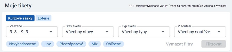 Pohled do sekce Moje tikety přihlášeného hráče na desktopu s&nbsp;filtry