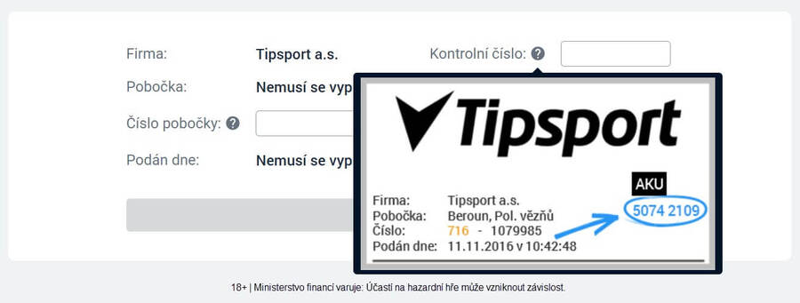 Kde najít kontrolní číslo pro kontrolu tiketu Tipsport